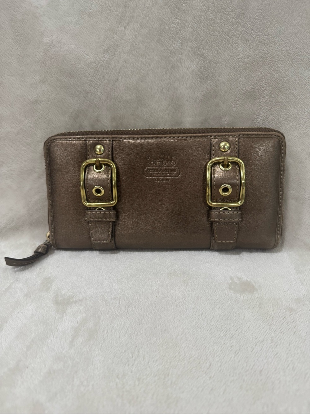 Coach Zoe Legacy Leather Zip Wallet with Gold Buckle Accents